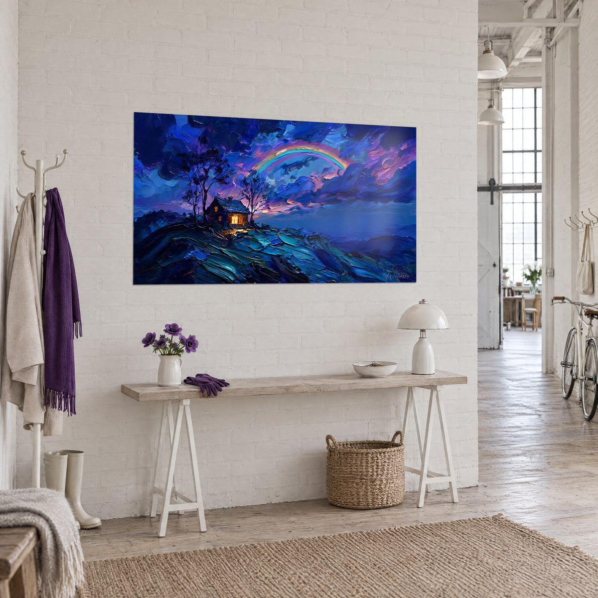 Wall art isolated refuge on its hill, turquoise and navy palette-knife strokes, pink stormy sky, three-quarter view in a loft