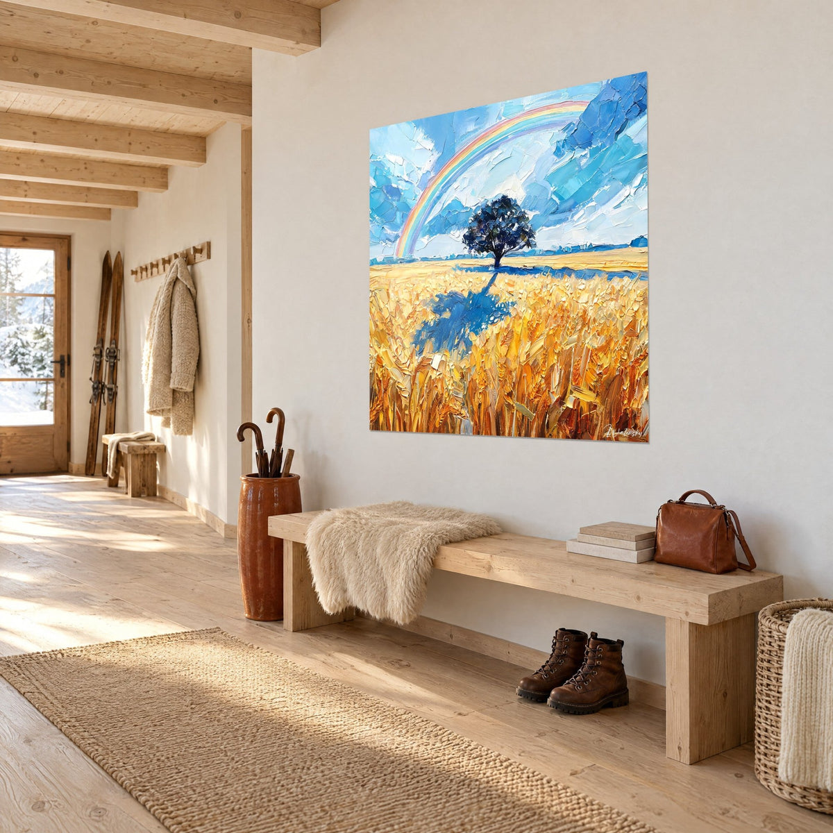 Cuadro campo de trigo ámbar pintado con espátula, sombra azul cobalto del árbol, colgado en la entrada de un chalet de madera clara