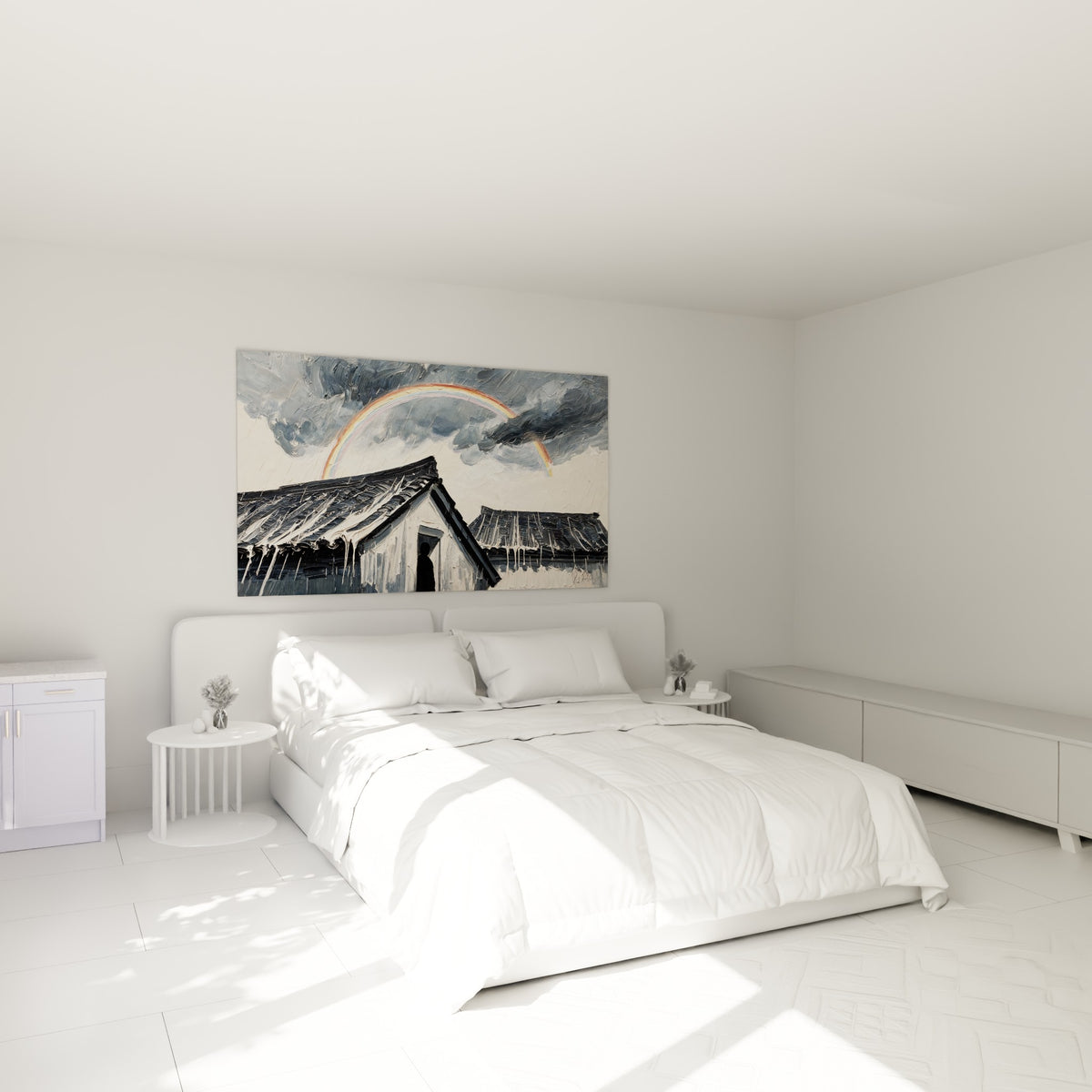 Toits anthracite et arc-en-ciel pastel peints en relief, accrochés au-dessus d'un lit dans une chambre claire