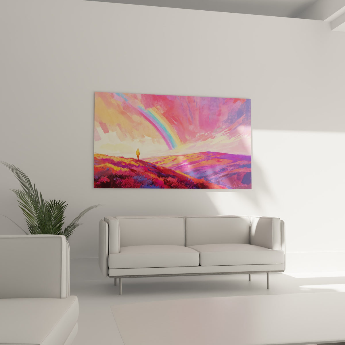 Paysage onirique aux teintes magenta et violette avec arc-en-ciel pastel, tableau Arc en ciel au-dessus d'un canapé dans un salon lumineux
