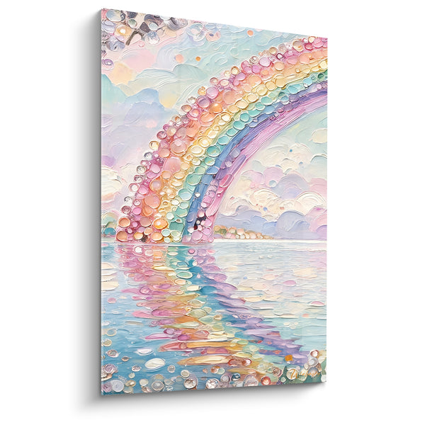 Tableau Arc rose et turquoise en gouttes de verre - Reflet sur l'eau calme - Edition Arc en ciel