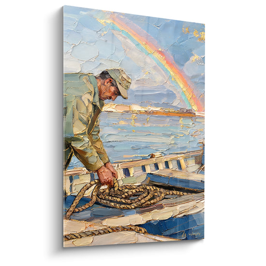 Tableau Pêcheur vert et doré enroulant une corde - Barque au quai paisible - Edition Arc en ciel