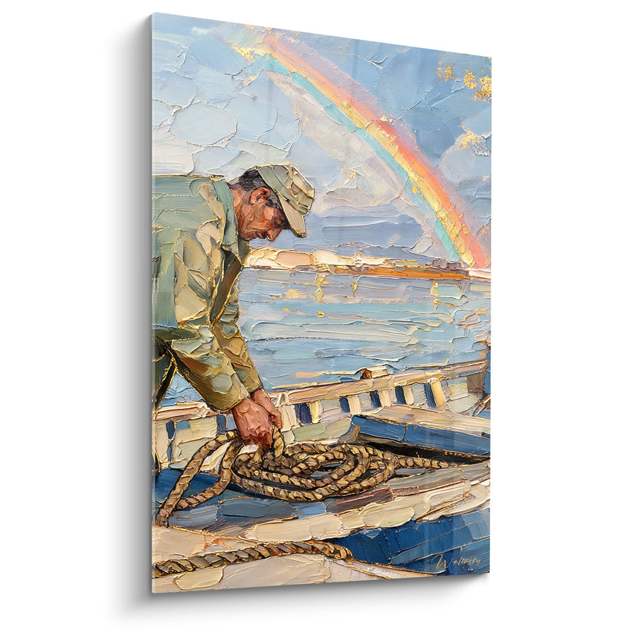 Tableau Pêcheur vert et doré enroulant une corde - Barque au quai paisible - Edition Arc en ciel