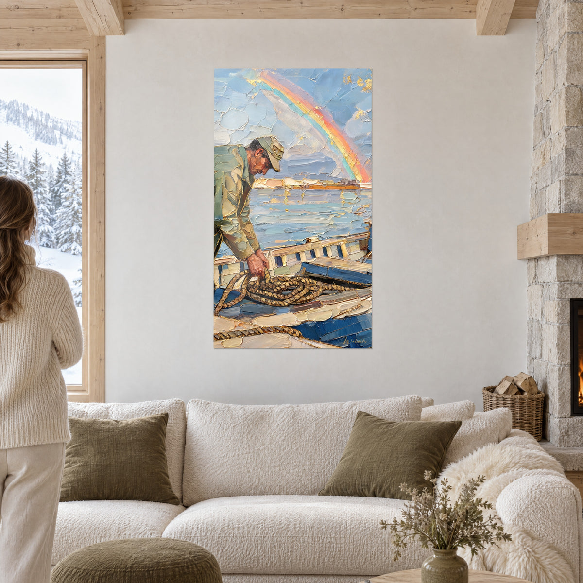 Tableau pêcheur en veste verte enroulant sa corde sous un arc-en-ciel, bleu ciel et or, au-dessus d'un canapé dans un salon lumineux
