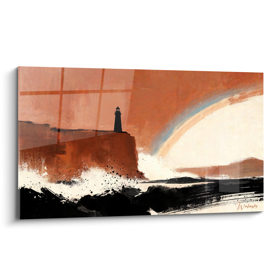 Tableau Phare terracotta sur falaise et vagues noires - Veille avant la tempête - Edition Arc en ciel