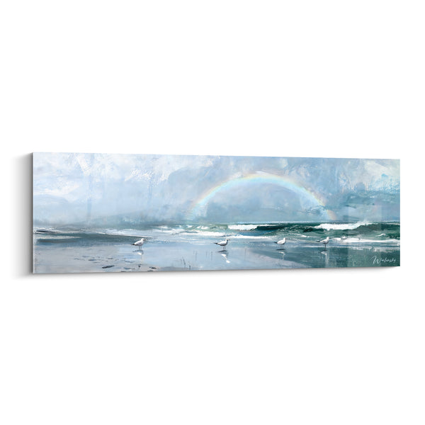Tableau Mouettes blanches et grises sur sable mouillé - Vagues écumantes déferlantes - Edition Arc en ciel