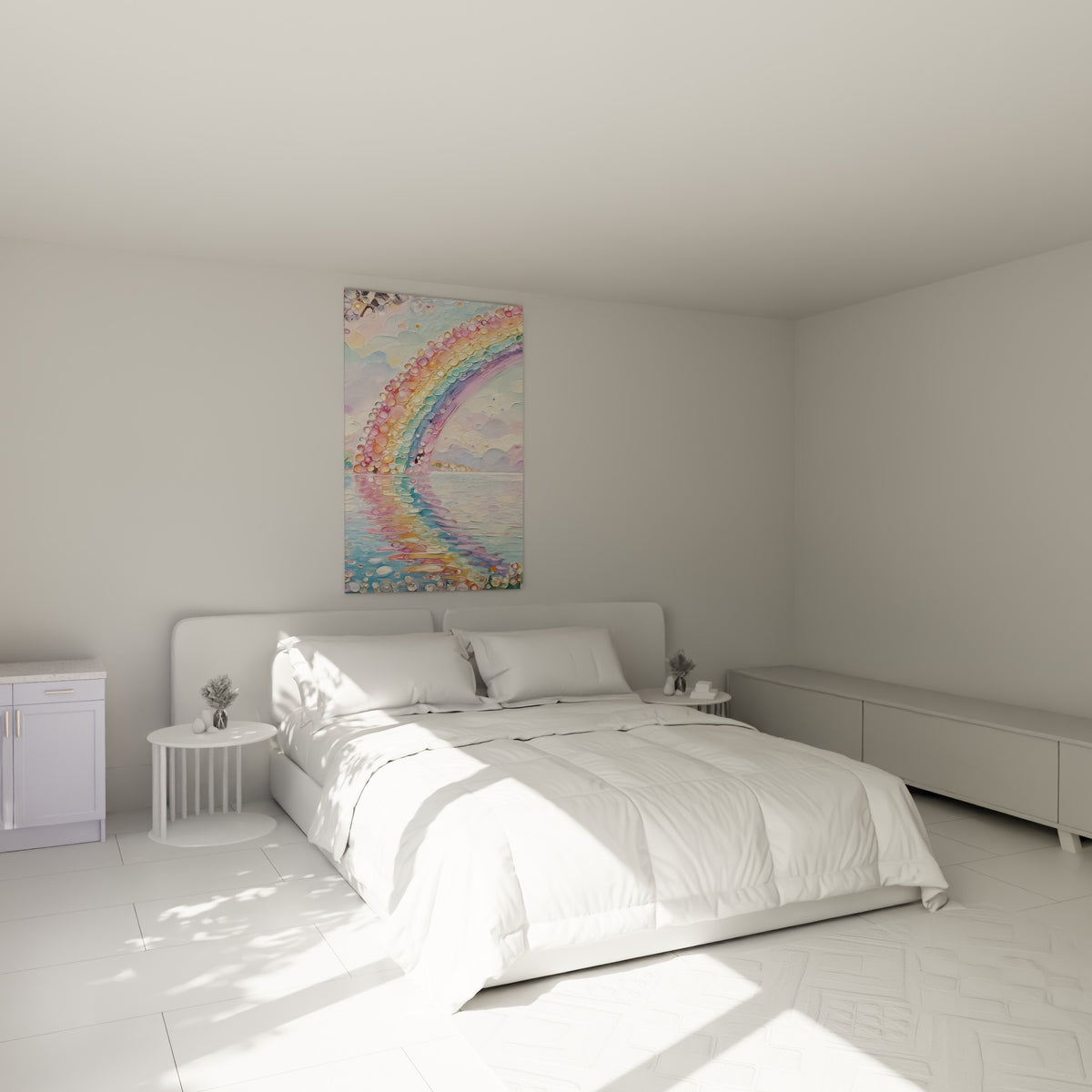 Arc-en-ciel doré et rose pastel reflété sur une mer calme, au-dessus d'un lit dans une chambre claire