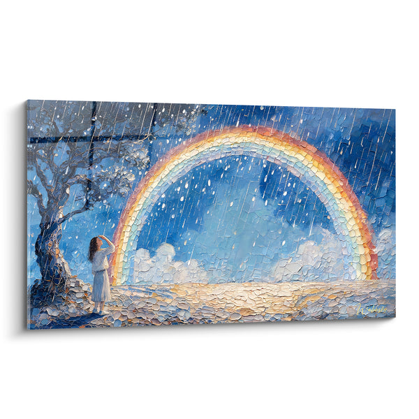 Tableau Silhouette contemplant un arc bleu et doré - Émerveillement sous la pluie - Edition Arc en ciel