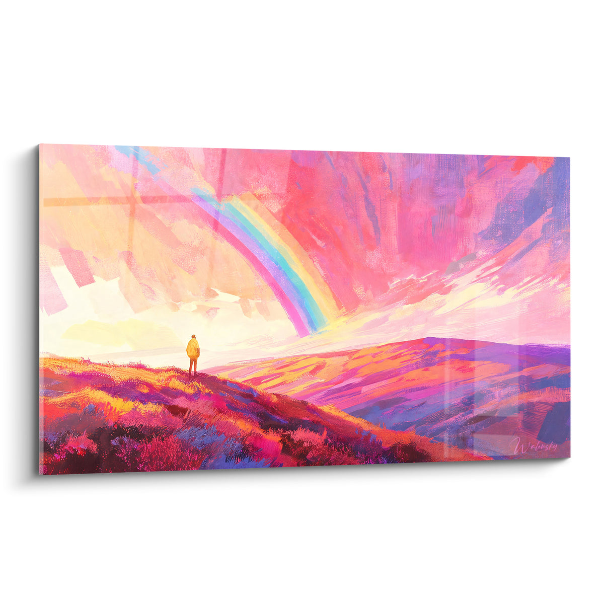 Arc en ciel bleu et jaune traversant un ciel rose et violet, silhouette solitaire sur une colline fleurie