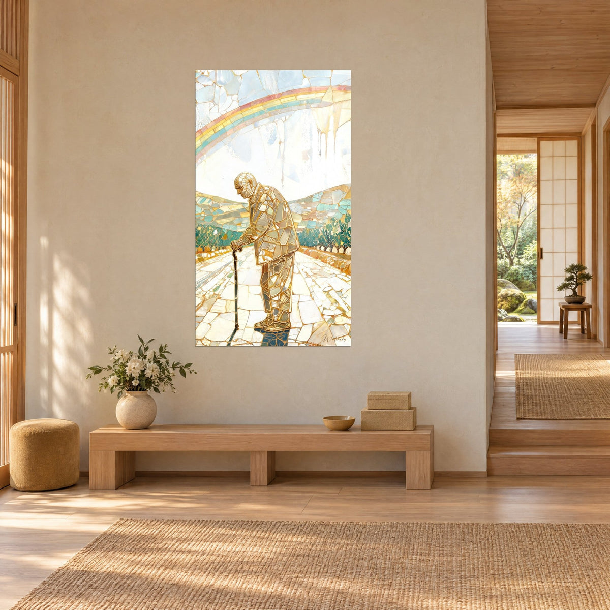 Quadro nonno in mosaico dorato che cammina su un sentiero di pietre bianche, ulivi verdi e cielo avorio, vista di tre quarti