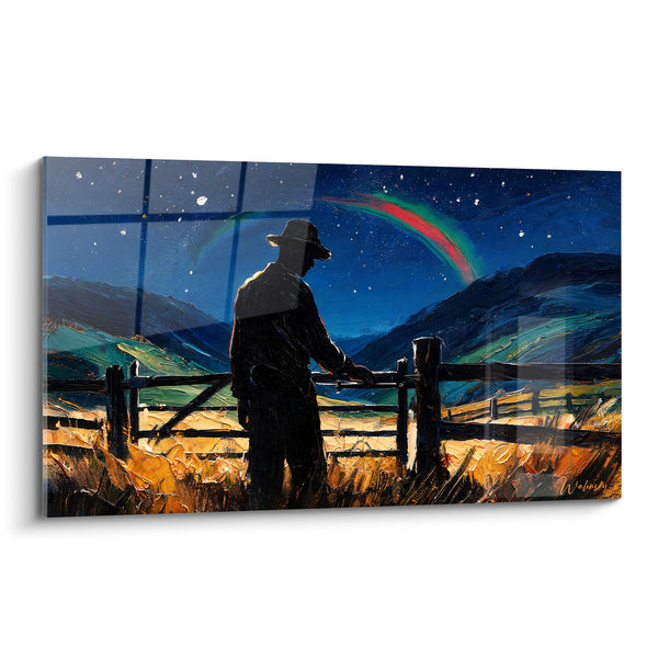 Painting Black and Blue Silhouette Near a Wooden Fence - Starry Night Sky - Rainbow Edition