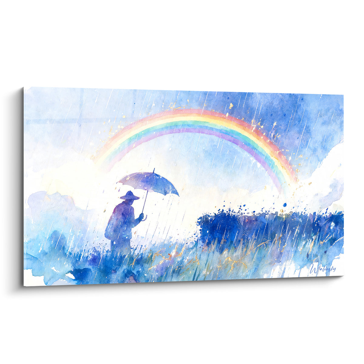 Tableau silhouette bleue sous ombrelle face à un arc-en-ciel multicolore, aquarelle bleu marine et dorée