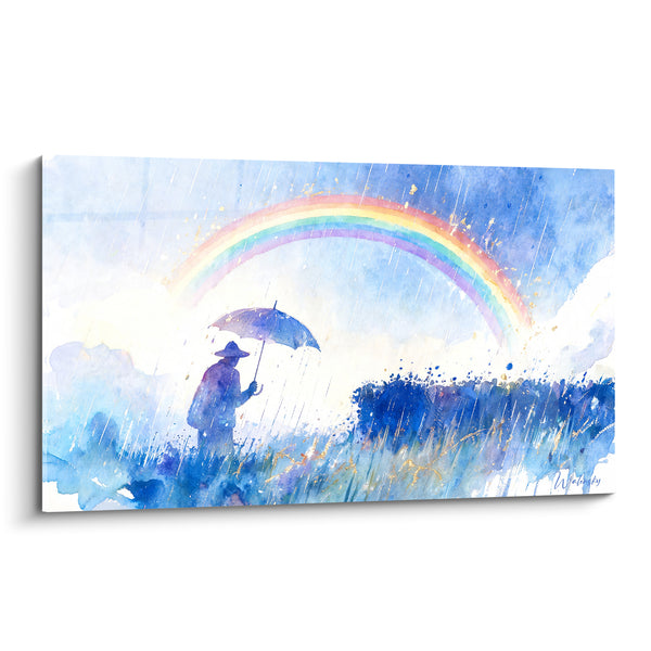 Tableau Silhouette bleue sous arc multicolore - Éclaircie après l'orage - Edition Arc en ciel