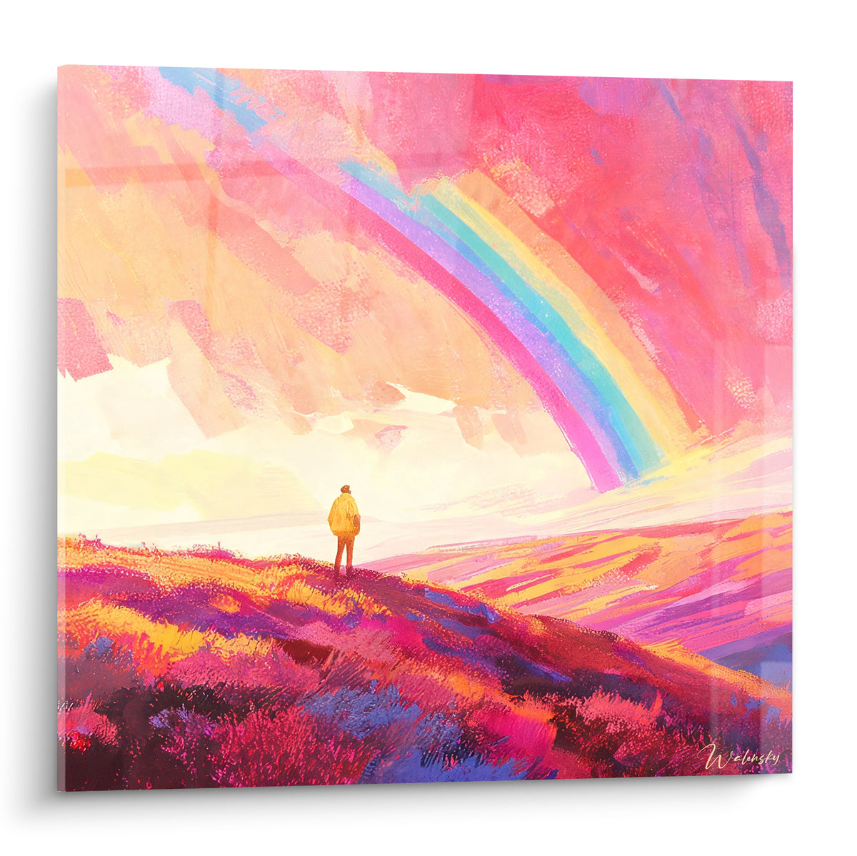 Silhouette jaune contemplant un arc-en-ciel rose et turquoise sur lande violette peinte
