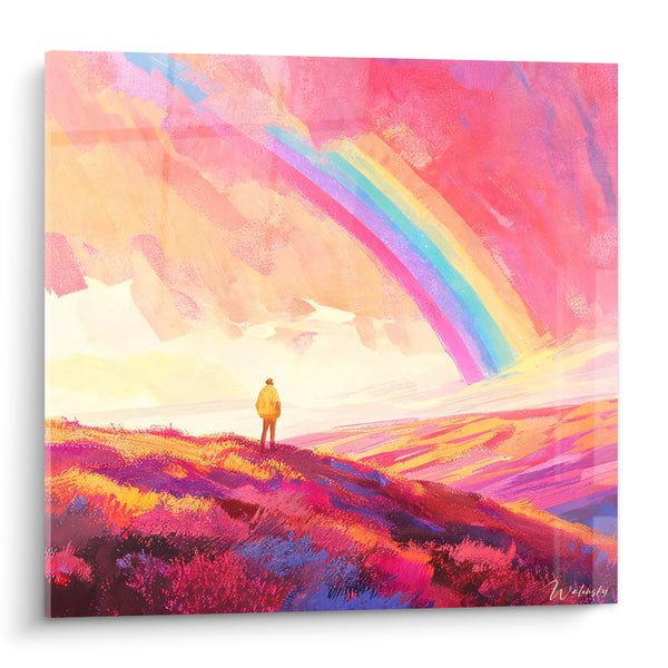 Tableau Silhouette face à un arc-en-ciel rose et magenta - Instant suspendu - Edition Arc en ciel