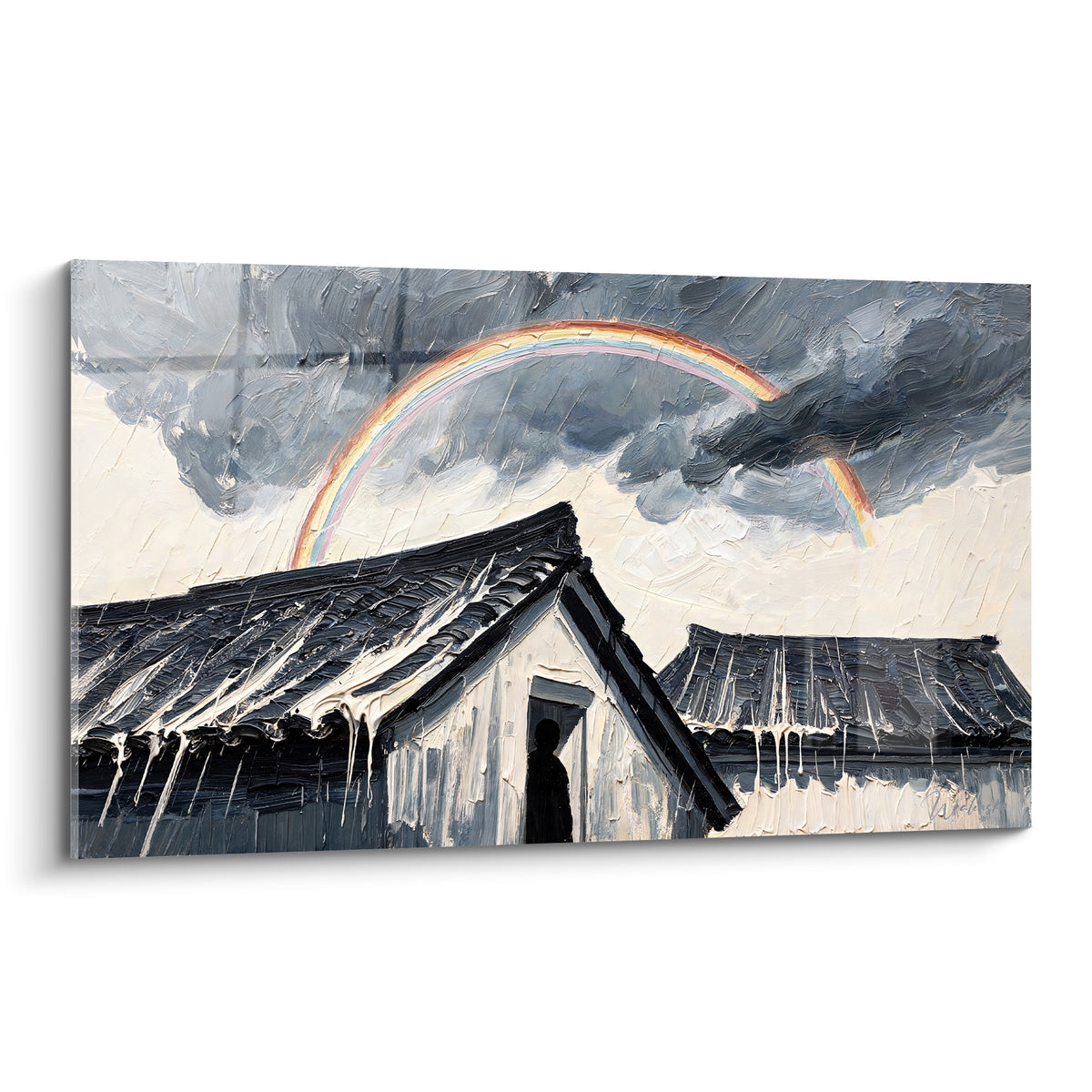 Silhouette encadrée sous un arc-en-ciel pastel, toits anthracite et blanc, ciel orageux gris