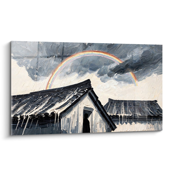 Tableau Toits de chaume gris et blanc sous nuages d'orage - Silhouette dans l'embrasure - Edition Arc en ciel