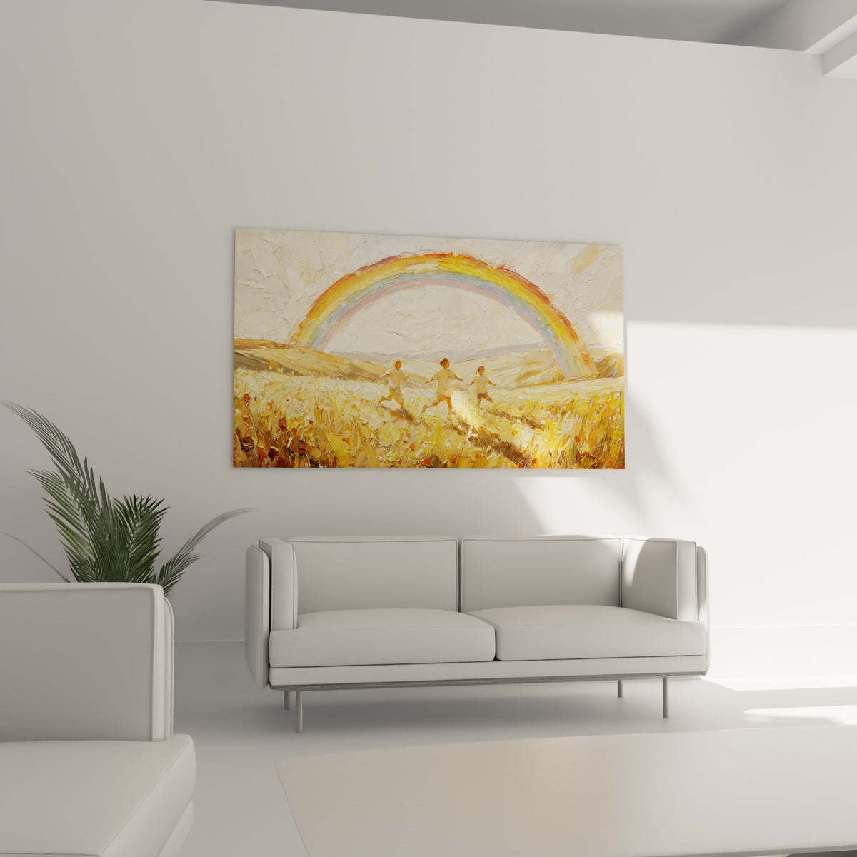 Silhouettes joyeuses sous un Arc en ciel jaune et bleu, tableau au-dessus d'un canapé dans un salon lumineux