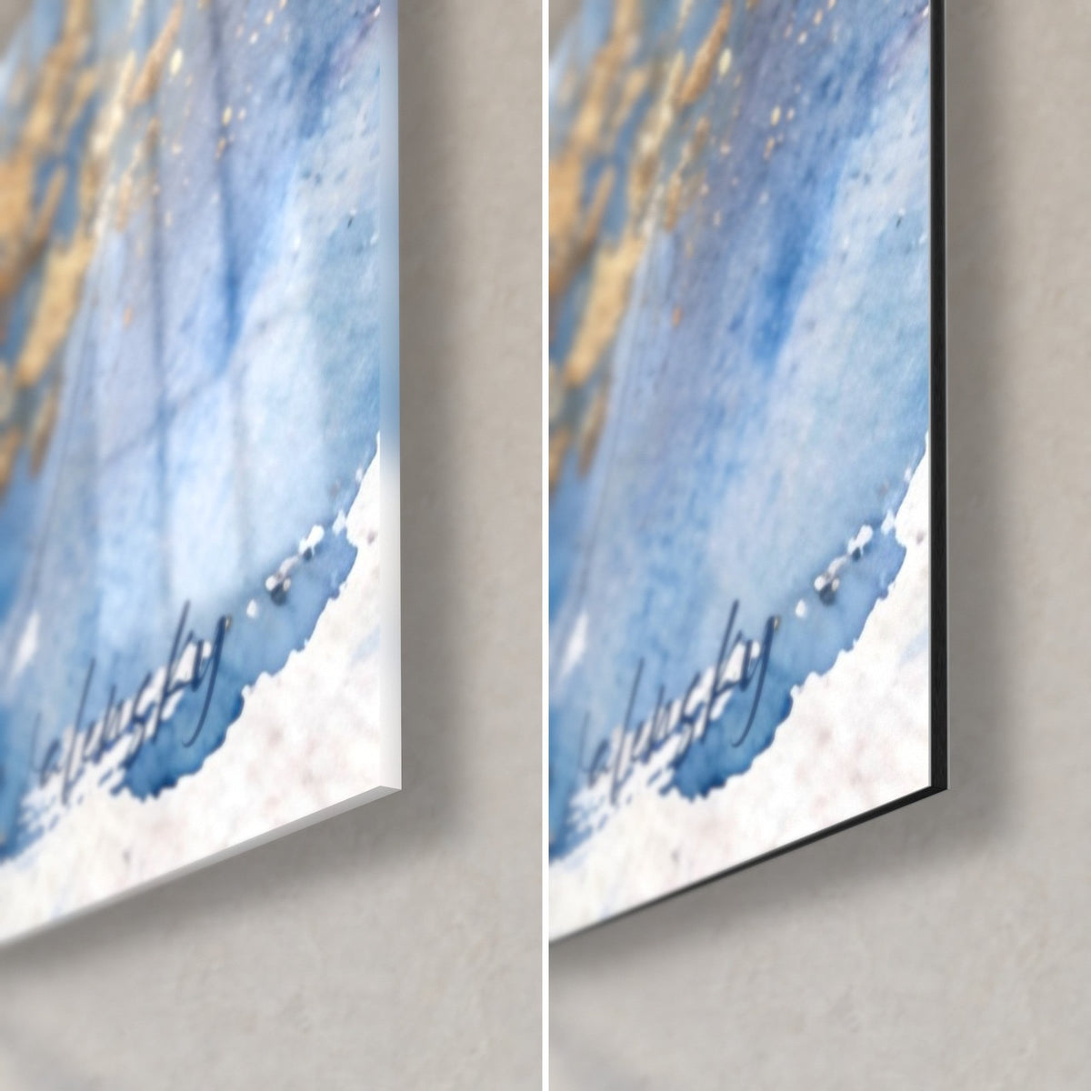 Quadro cervo blu navy acquerellato, angolo in basso a destra: vetro acrilico lucido a sinistra, alluminio Dibond nero opaco a destra