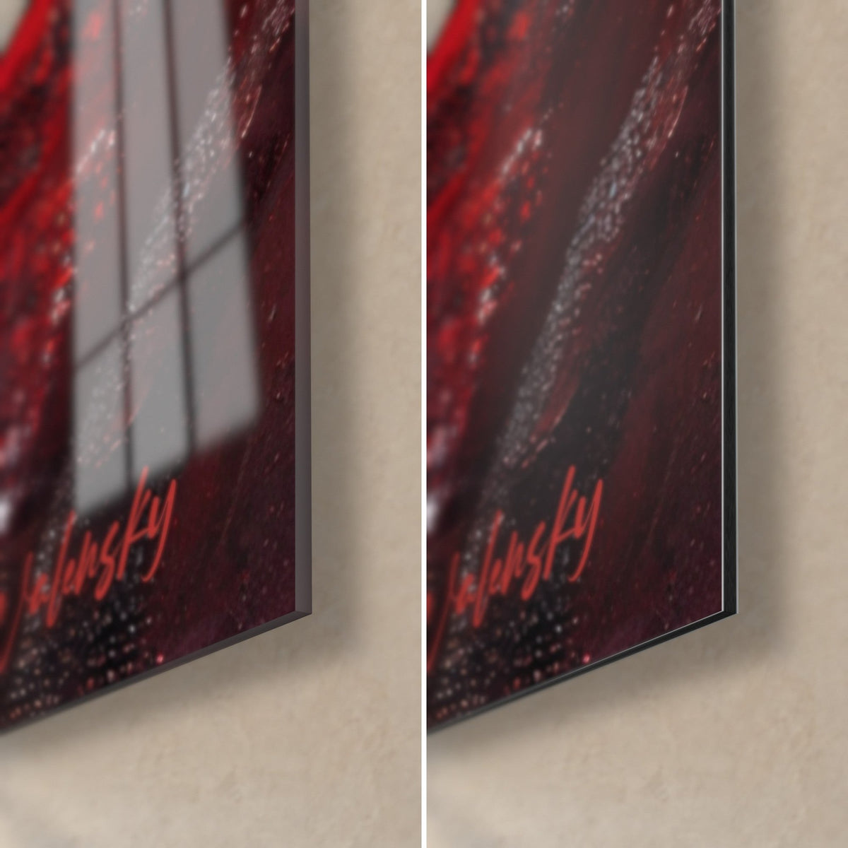 Tableau reflets rouges sur l'eau noire, coin bas droit, verre brillant à gauche, alu Dibond mat à droite, tranche de 3 mm