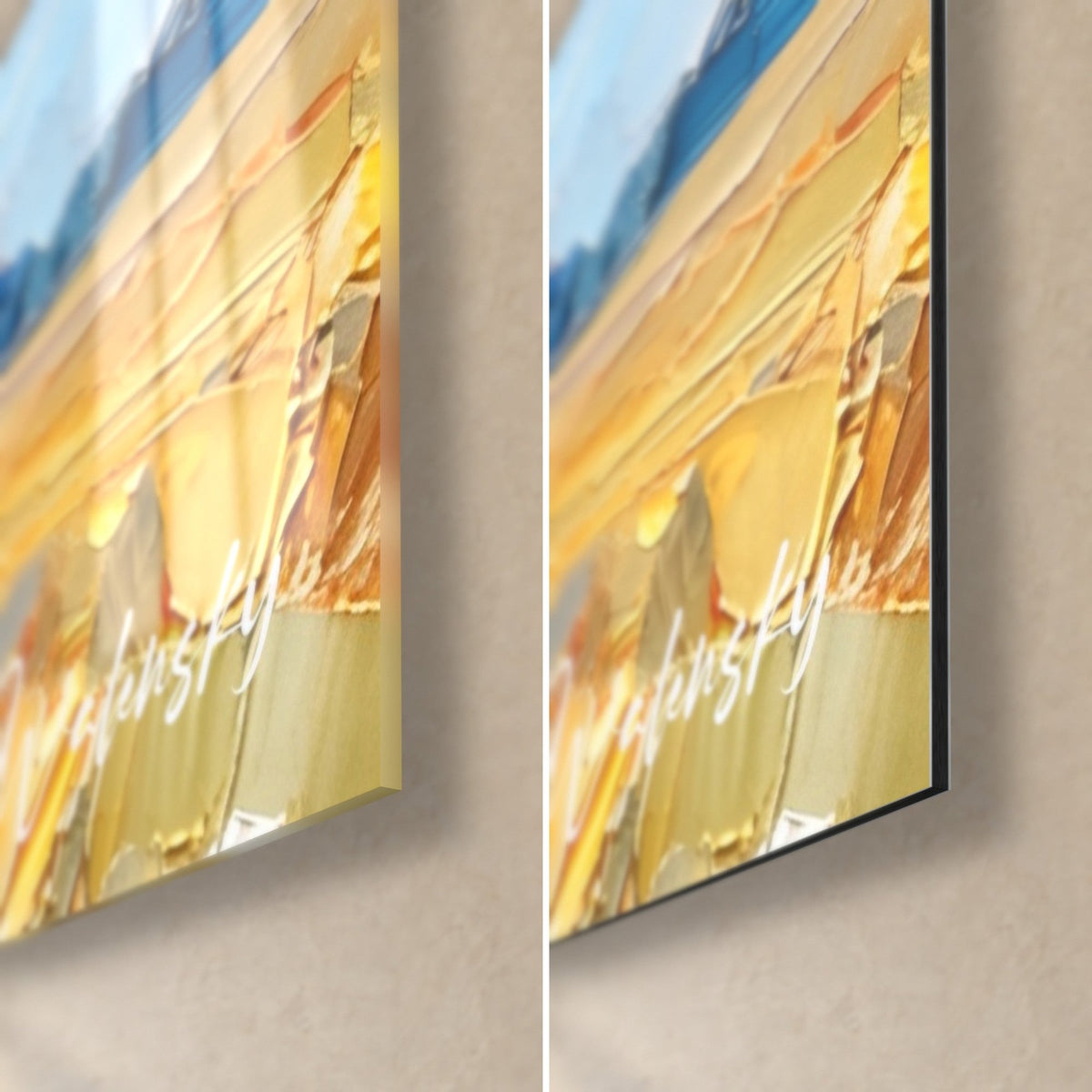 Quadro quercia isolata e grano ocra dorato, angolo in basso a destra: vetro acrilico lucido a sinistra, alluminio Dibond opaco a destra, bordo da 3 mm