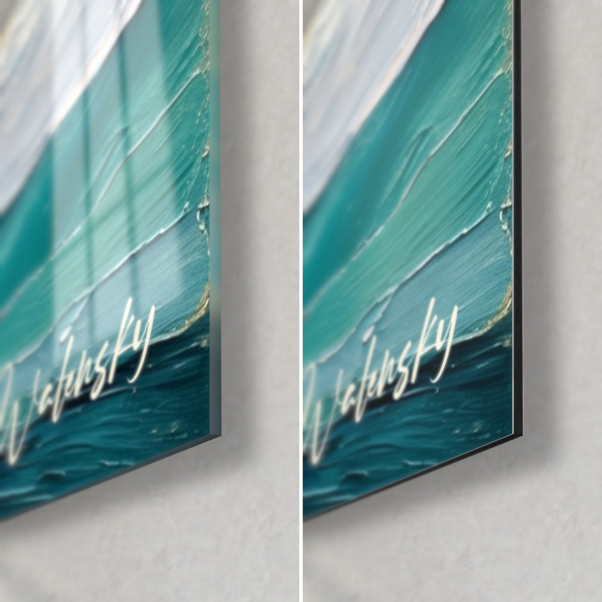 Gemälde türkisfarbener Ozean mit gemalten Wellenlinien und Walensky-Signatur, rechts unten: glänzendes Acrylglas links, mattes Dibond rechts