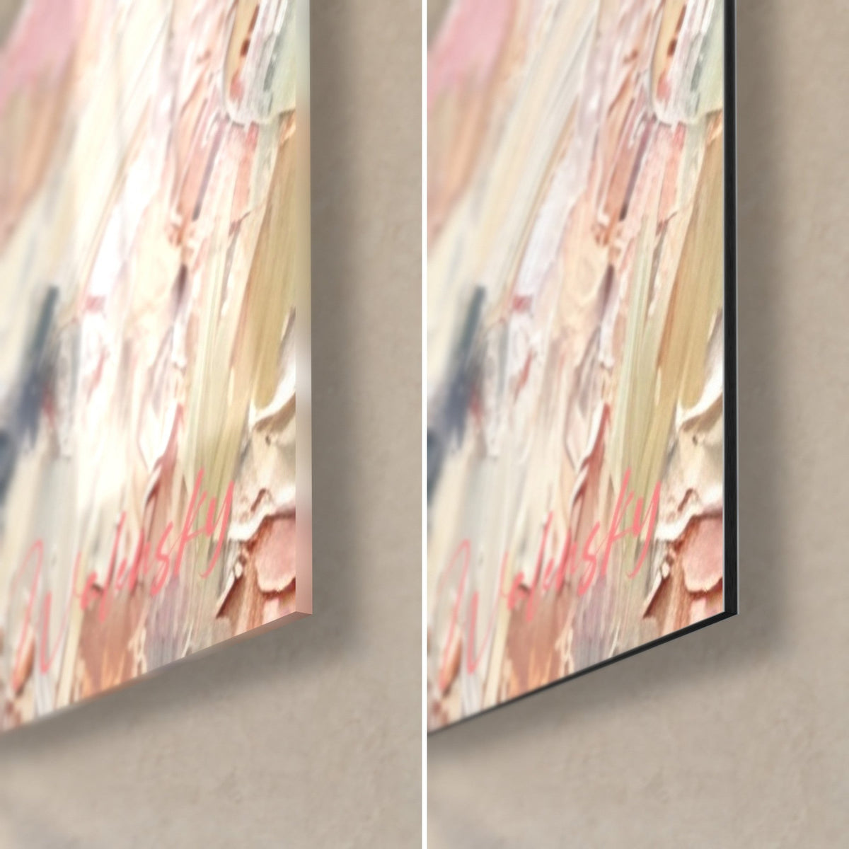 Gemälde rosa Stuten in dickem Farbauftrag, untere rechte Ecke: glänzendes Acrylglas links, mattschwarzes Dibond rechts