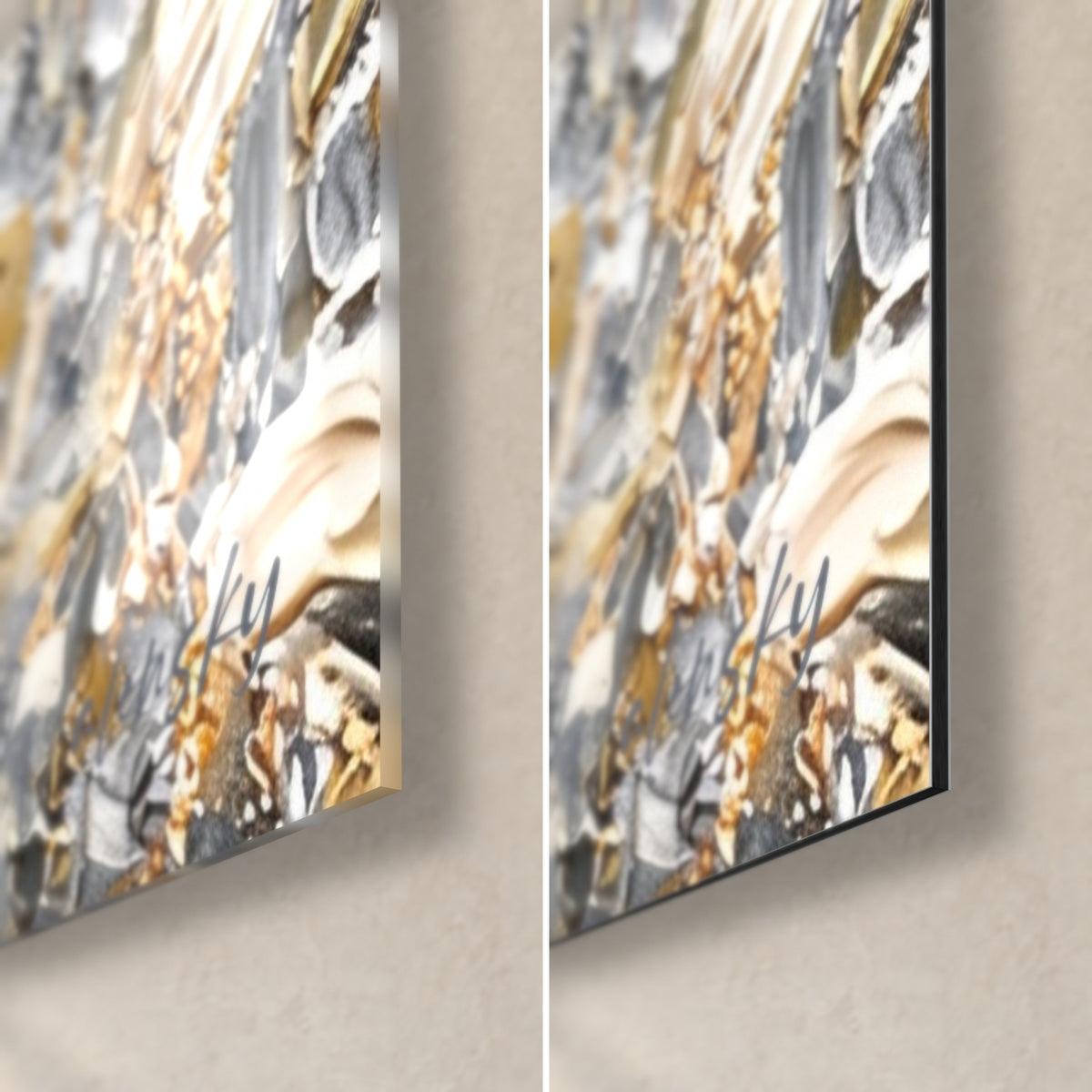 Schilderij gouden regenboog, rechtsonder: glanzend acrylglas links, mat Dibond rechts, rand van 3 mm