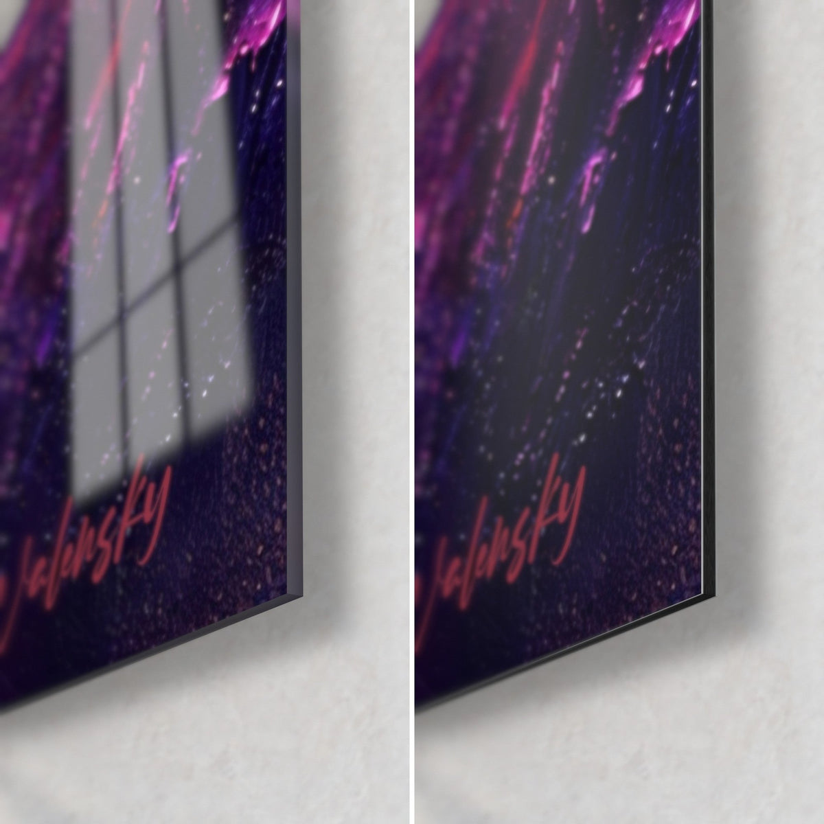 Quadro cavaliere viola sotto cielo dorato, angolo in basso a destra in vetro lucido e Dibond opaco, firma rossa, spessore di 3 mm visibile