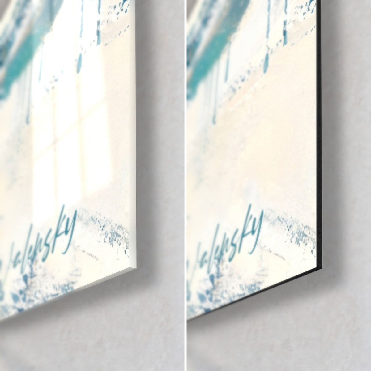 Tableau cerfs bleu et blanc, coin bas droit : verre acrylique brillant à gauche, Dibond mat à droite, tranche de 3 mm, signature turquoise
