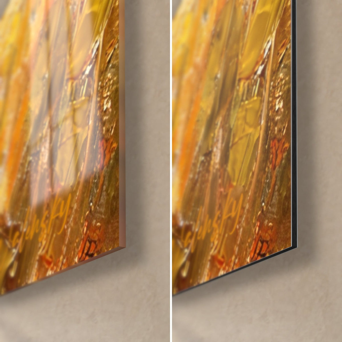 Gemälde Weizenfeld mit Spachteltechnik, untere rechte Ecke: glänzendes Acrylglas links, matter Alu-Dibond rechts, 3 mm Kante