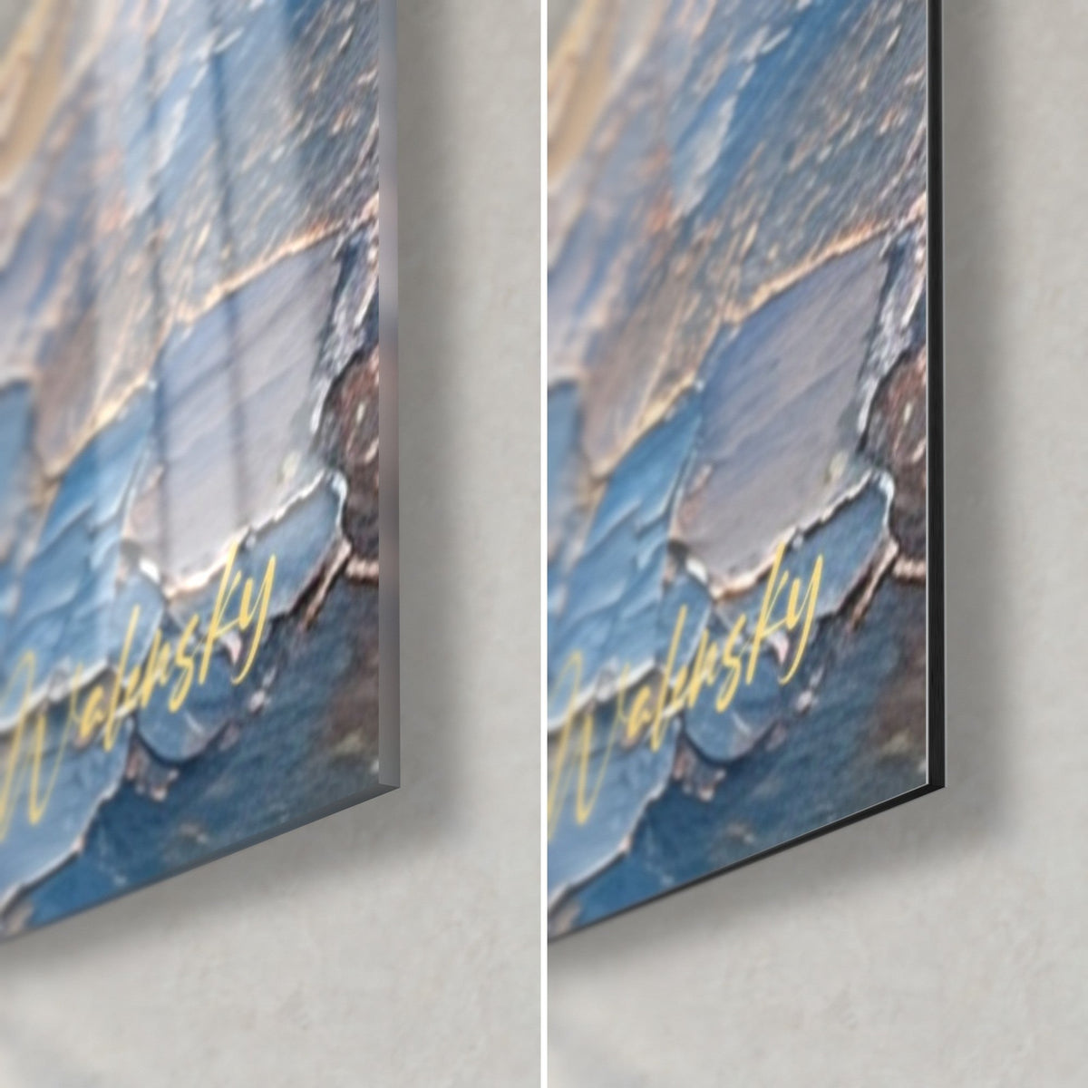 Tableau arc en couleurs au couteau, coin bas droit : verre brillant à reflets, Dibond mat, tranche de 3 mm, bleu et or