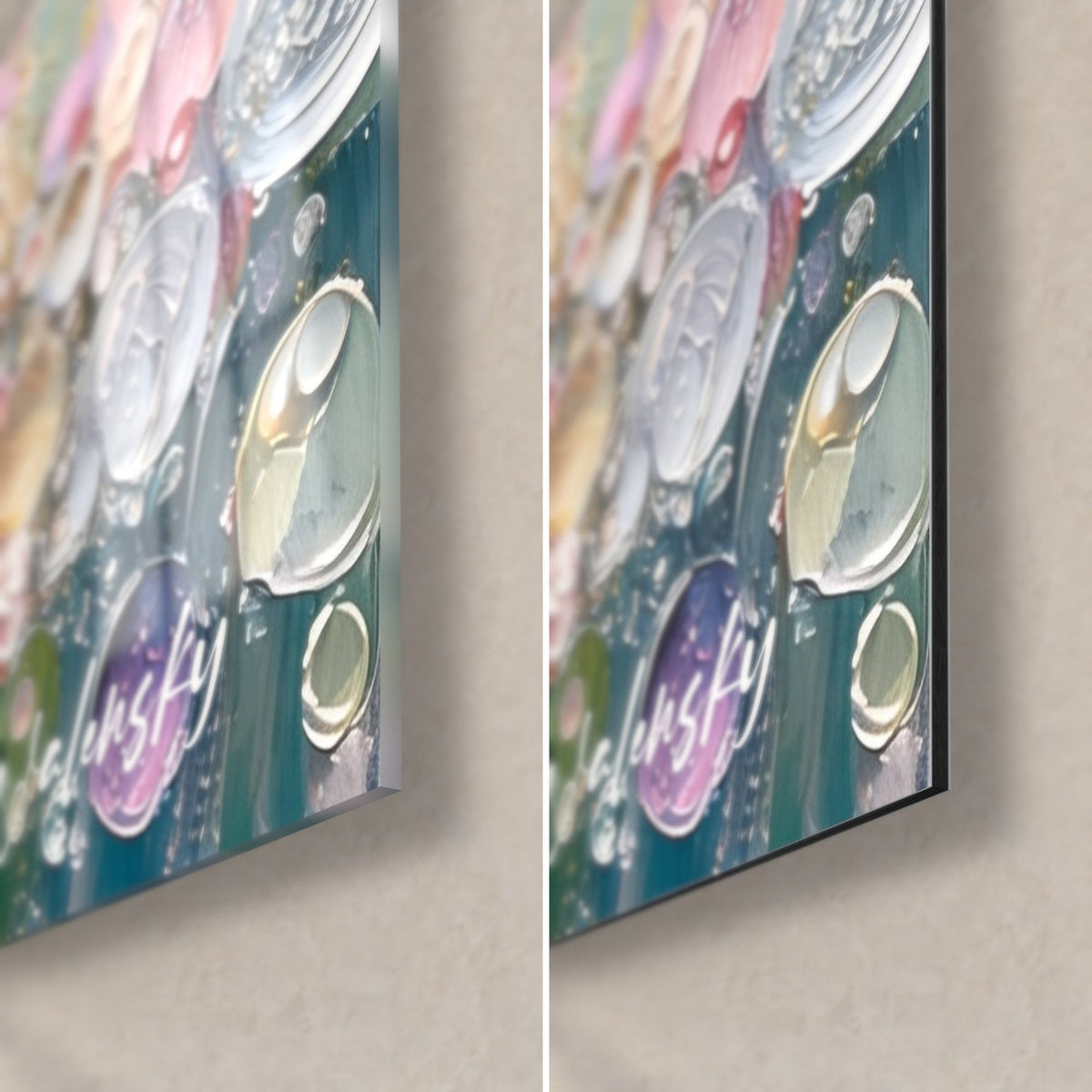 Wall art heron made of mother-of-pearl bubbles, bottom right corner: glossy glass with pink and violet reflections, matte Dibond, 3 mm edge