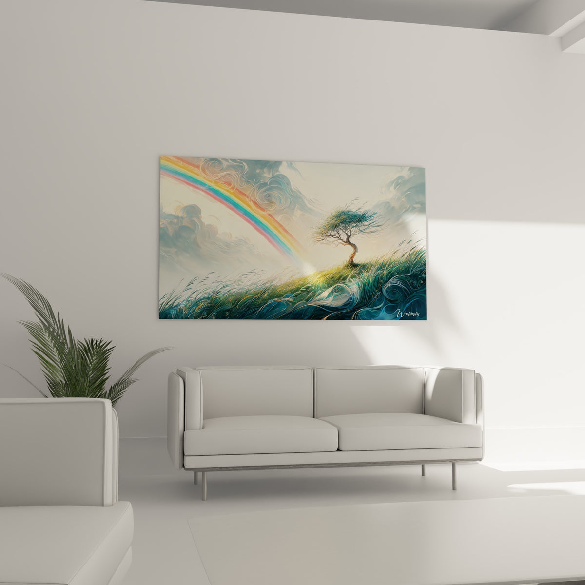 Nuages tourbillonnants bleu et blanc encadrant un arbre solitaire, disposés au-dessus d'un canapé dans un salon lumineux