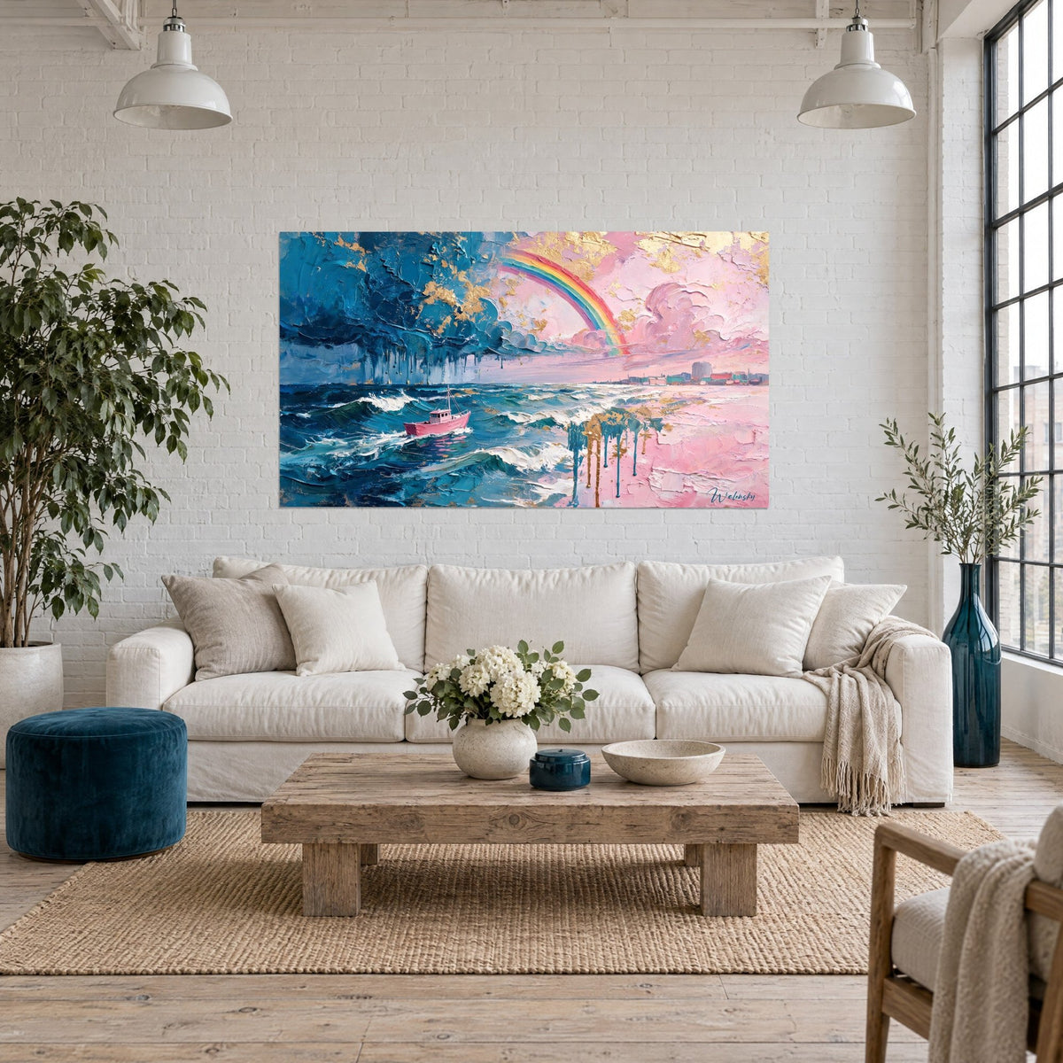Tableau petit chalutier rose sur vagues bleu cobalt, arc-en-ciel et éclats d'or, au-dessus d'un canapé dans un salon lumineux