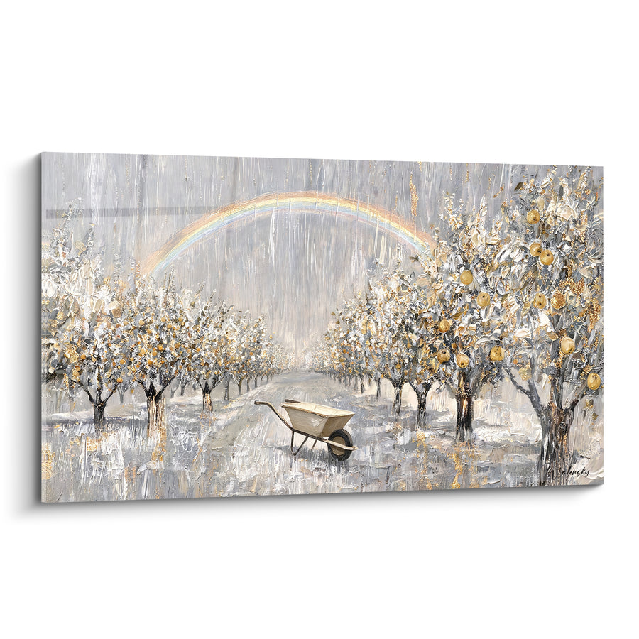 Tableau Verger doré et brouette sous arc-en-ciel - Pause au verger - Edition Arc en ciel