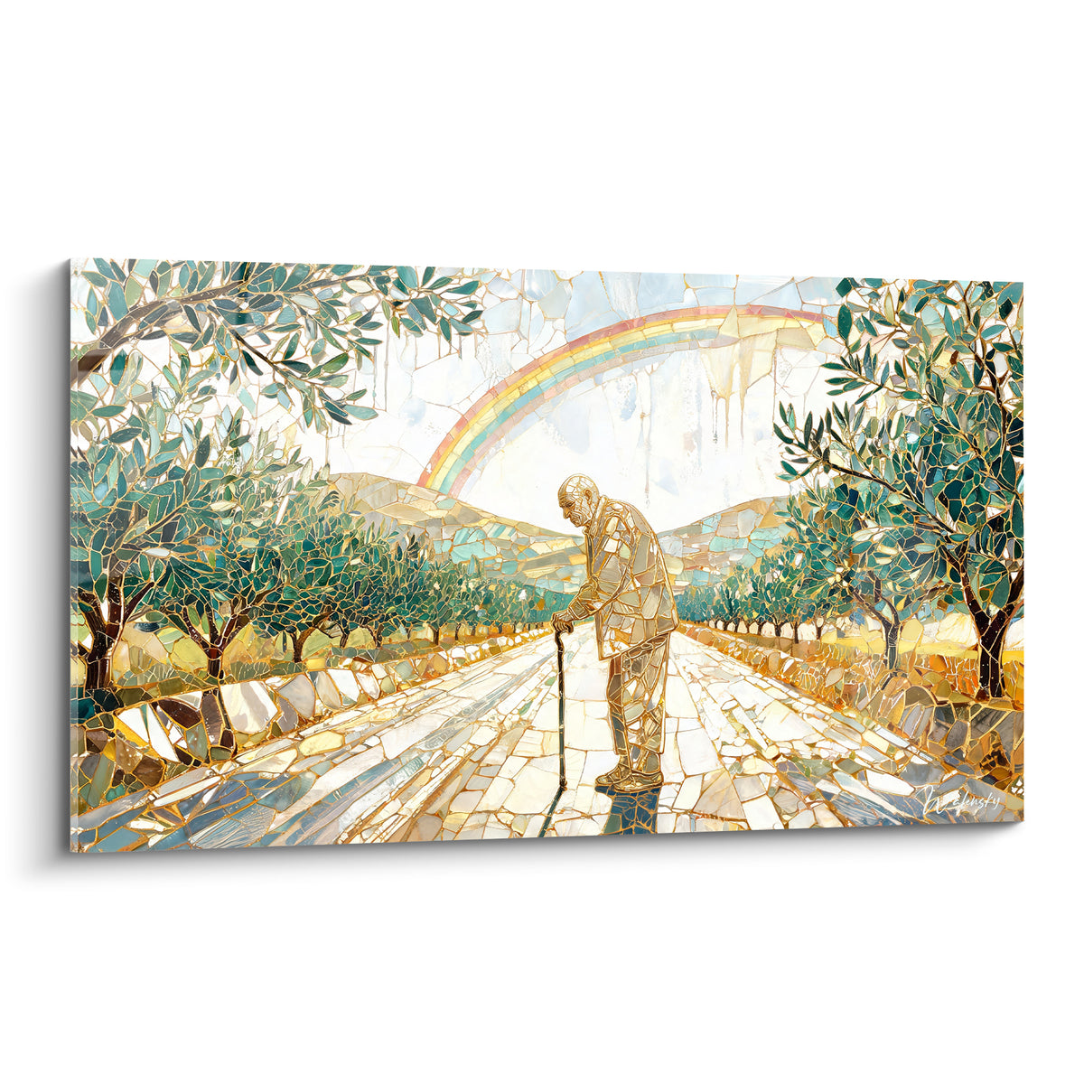 Vieil homme appuyé sur sa canne, chemin doré et oliviers verts, mosaïque Arc en ciel pastel