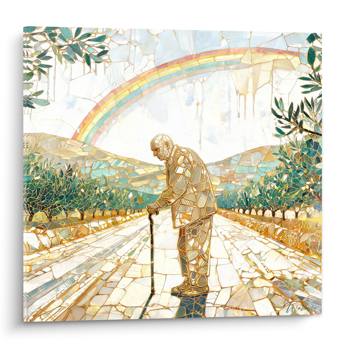 Vieil homme doré appuyé sur sa canne sous un arc-en-ciel pastel et des oliviers turquoise