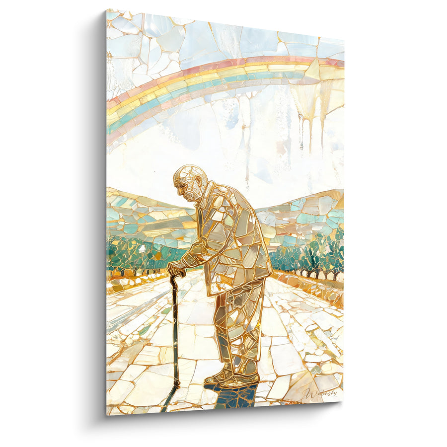 Tableau Vieillard doré à la canne sur chemin - Chemin de sagesse - Edition Arc en ciel