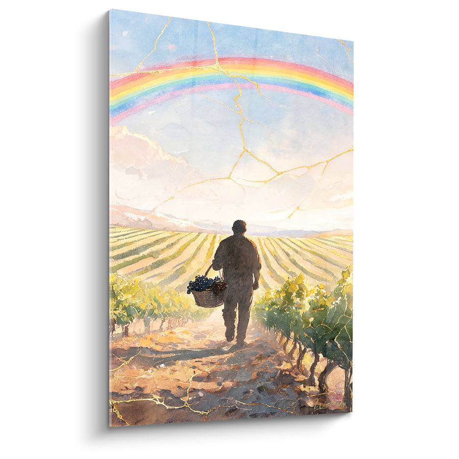 Tableau Vigneron doré sous un arc-en-ciel - Bénédiction des vendanges - Edition Arc en ciel
