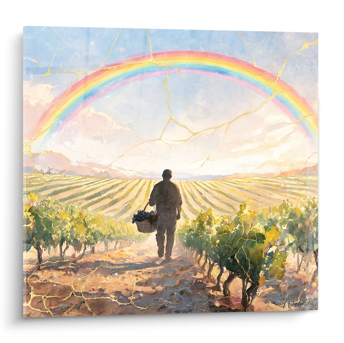 Vigneron en silhouette anthracite marchant sous un arc-en-ciel doré et rosé au vignoble
