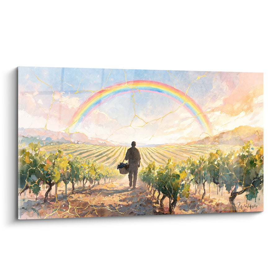 Tableau Vigneron dans un vignoble ocre et doré - Récolte bénie - Edition Arc en ciel