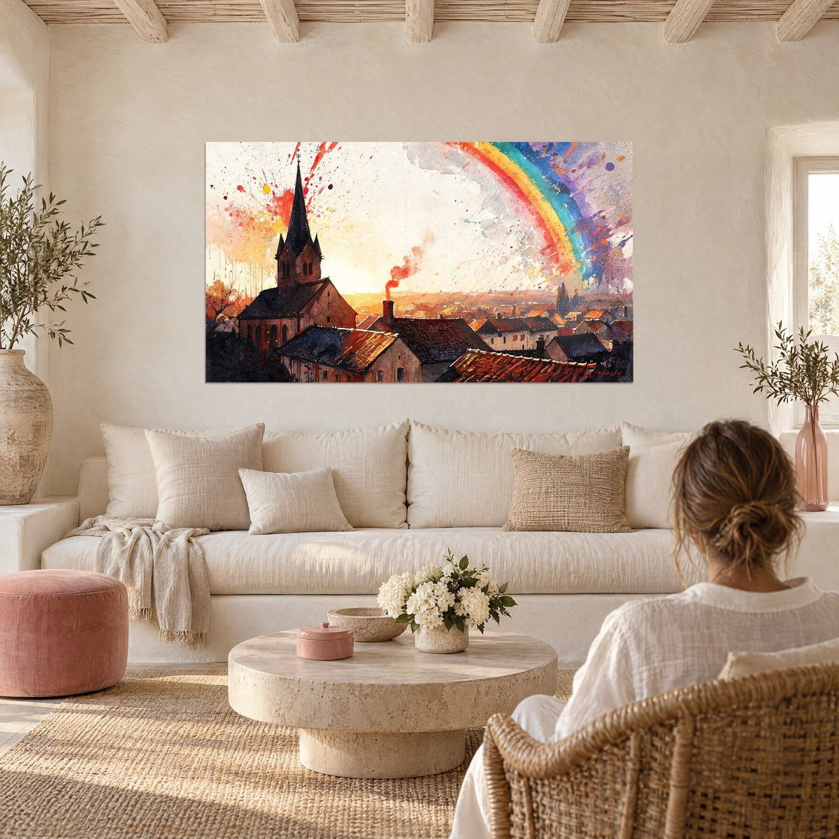 Gemälde mit schwarzem Schieferglockenturm über ockerfarbenen Dächern, blau-roter Regenbogen, über einem Sofa in einem hellen Wohnzimmer