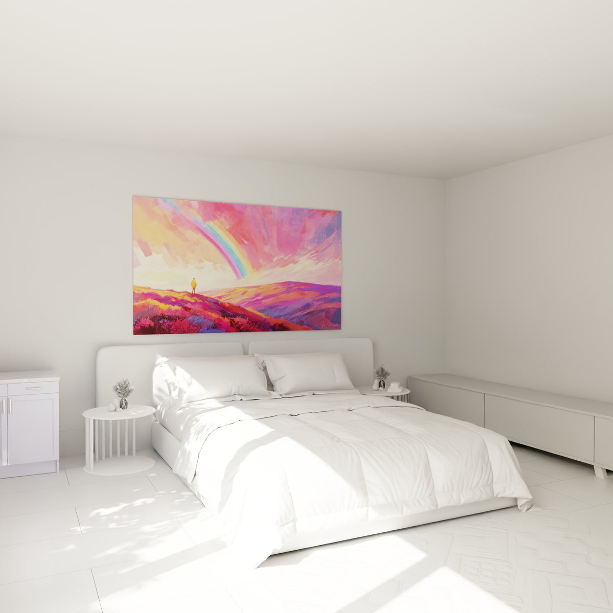 Silhouette dorée contemplant un arc-en-ciel rose et violet, tableau Arc en ciel au-dessus d'un lit dans une chambre claire