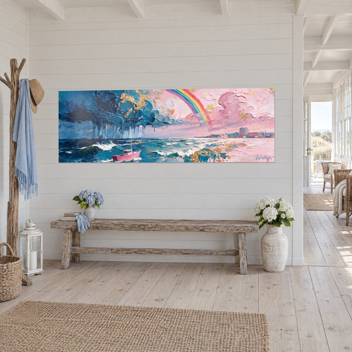 Tableau chalutier rose voguant sur des vagues turquoise, nuages roses et touches d'or, vue de trois-quarts sur mur blanc lambrissé