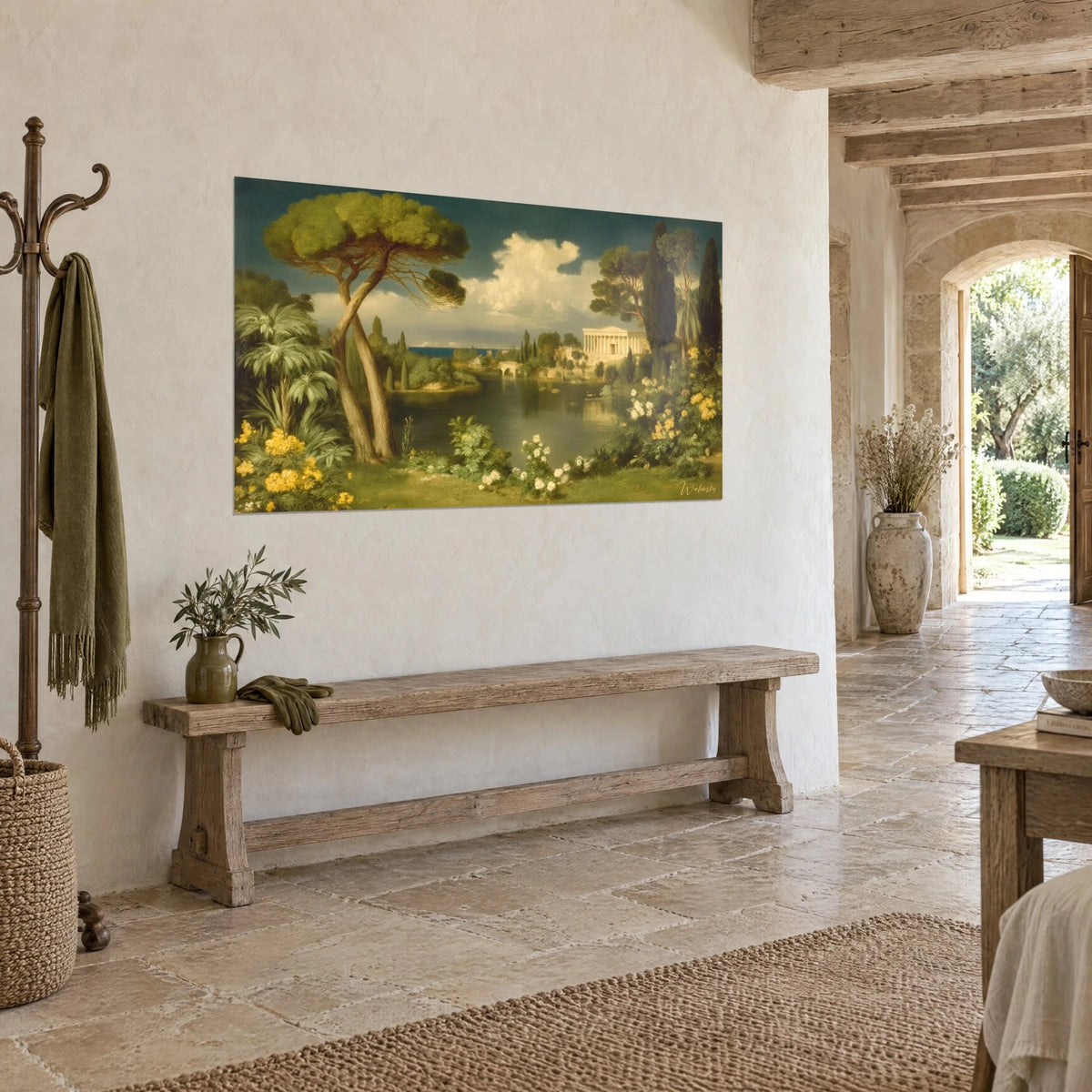 Quadro Arcadia neoclassica: pino a ombrello verde, cielo azzurro nuvoloso, tempio a colonne e mimose gialle, muro di pietra, vista di tre quarti