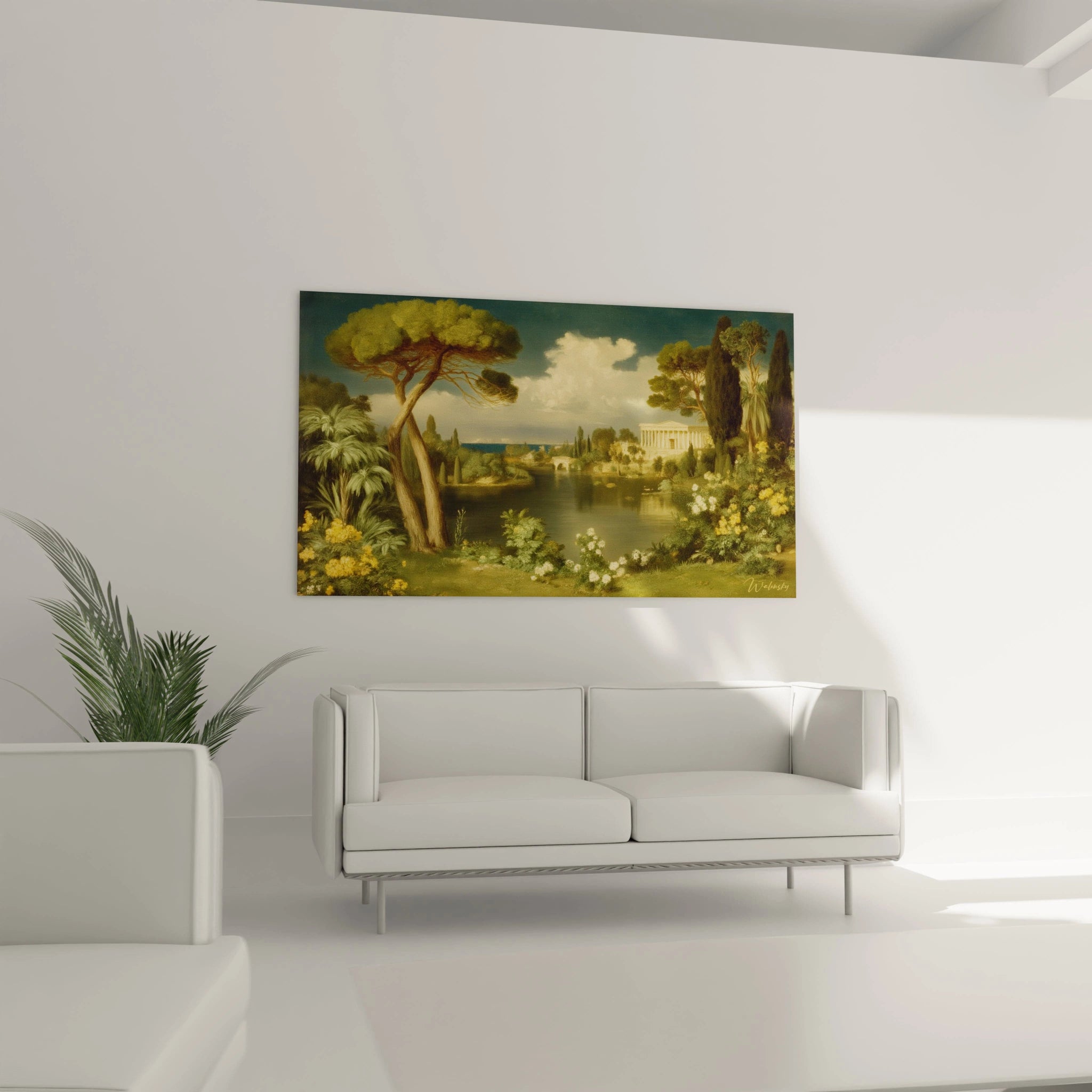 tableau néo classique haut de gamme Walensky paysage classique accroché au dessus d un canapé blanc dans un salon minimaliste