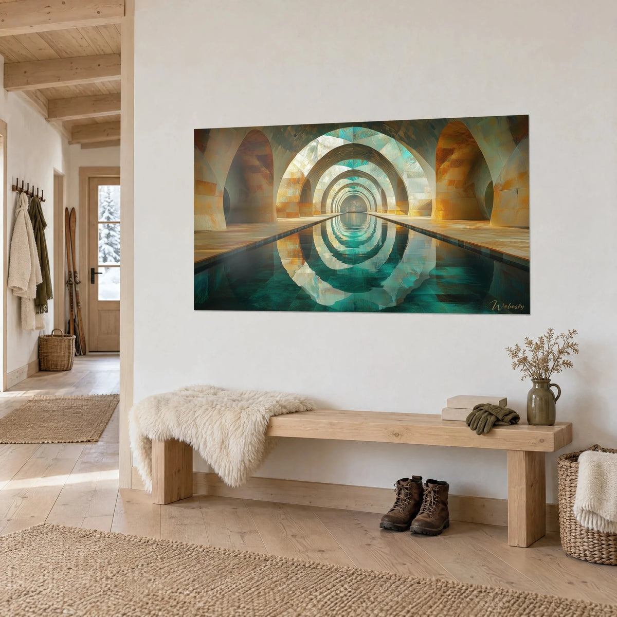 Quadro volte concentriche in ocra dorata e verde smeraldo riflesse nell'acqua, su una parete bianca d'ingresso in vista di tre quarti
