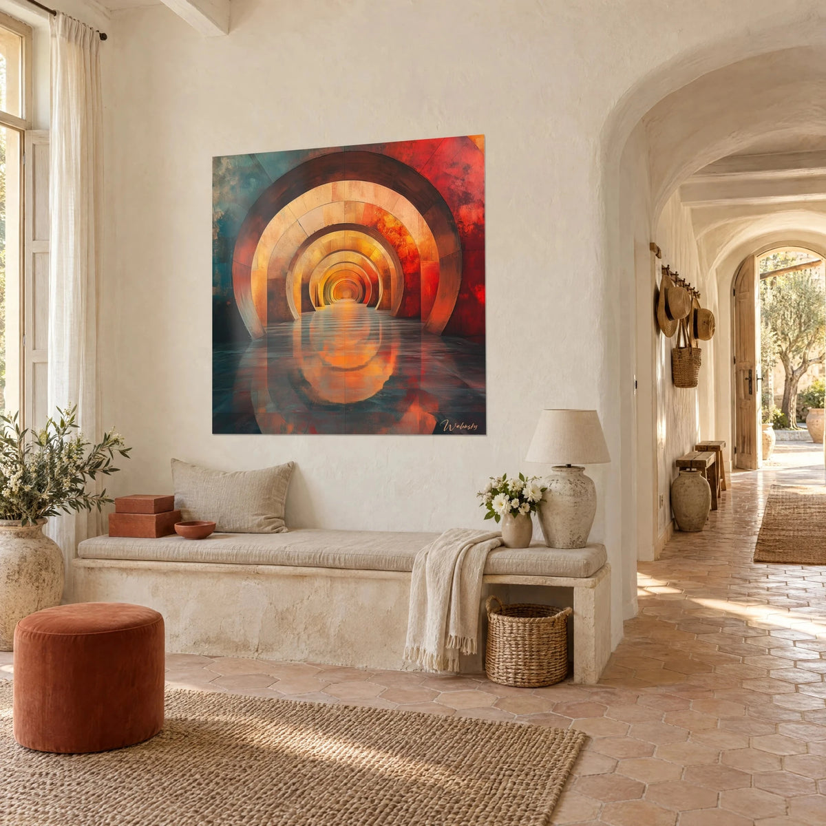 Cuadro de una galería de arcos ocre y azul petróleo prolongados por su reflejo líquido, colgado junto a un pasillo de piedra clara de la masía