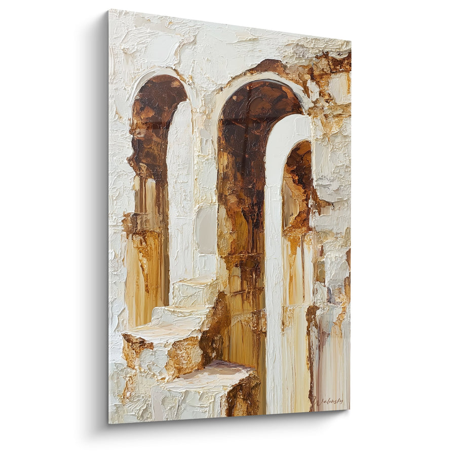 Tableau Arches de pierre ocre et colonnes blanches dans l'ombre - Sérénité architecturale - Edition Feng shui Centre Terre